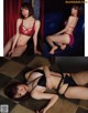 A woman in a red and black lingerie laying on a couch.