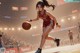 A woman in a red uniform dribbling a basketball on a court.