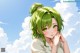 Anime girl with green hair and a ponytail in the sky.